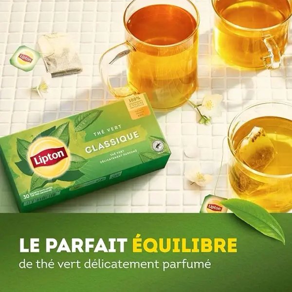 Lipton Pure Nature Green, 30 Tea Bags 39g, lifestyle showing tea box and tea brewing0in glass cup, available at teas.co.uk
