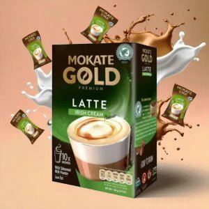 Mokate Gold Premium Irish Cream Latte, 10 Sachets 140g, close up brand info, available at teas.co.uk