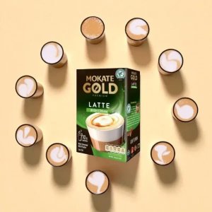 Mokate Gold Premium Irish Cream Latte, 10 Sachets 140g, coffee box with lattee in cups, available at teas.co.uk