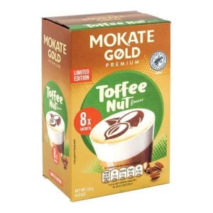 Mokate Gold Toffee Nut Latte, 8 Sachets 112g, left side old box, available at teas.co.uk