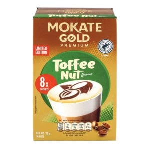 Mokate Gold Toffee Nut Latte, 8 Sachets 112g, old box front, available at teas.co.uk