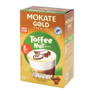 Mokate Gold Toffee Nut Latte, 8 Sachets 112g, right side old box, available at teas.co.uk