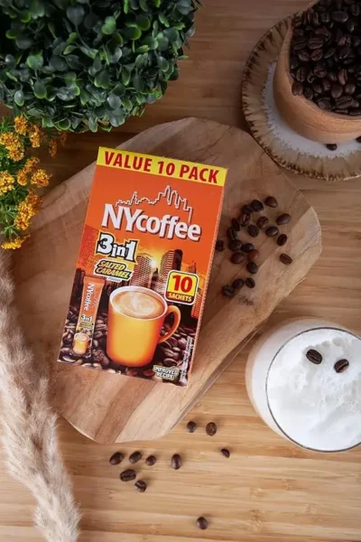 Www-Teas-Co-Uk-Nycoffee-3In1-Salted-Caramel-Flavour-10-Sachets-140G-5900649084391-Lifestyle-Shot-Showing-Coffee-Box-On-Table Nycoffee 3In1 Salted Caramel Flavour 10 Sachets 140G