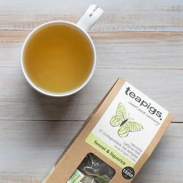 Teapigs Fennel And Liquorice, 15 Tea Bags 37.5G, Top View Of Tea Brewing And Tea Box, Available At Teas.co.uk