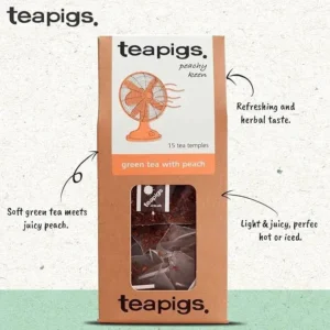 Teapigs Green Tea With Peach, 15 Tea Bags 37.5g, product benefits front, available at teas.co.uk