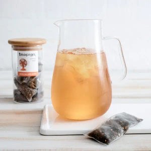 Teapigs Green Tea With Peach, 15 Tea Bags 37.5g, tea brewed into iced peach tea in large clear pitcher, available at teas.co.uk