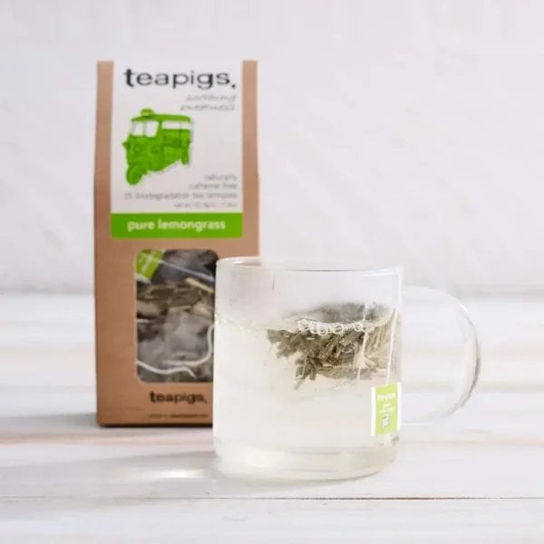 Teapigs Pure Lemongrass, 15 Tea Bags, 37.5G, Teabag Brewinging Clear Glass Close Up, Available At Teas.co.uk