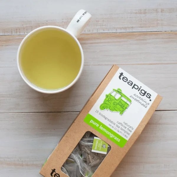 Teapigs Pure Lemongrass, 15 Tea Bags, 37.5G, Top View With Cup Of Tea, Available At Teas.co.uk