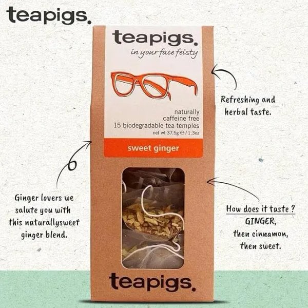 Teapigs Sweet Ginger, 15 Tea Bags, 37.5G, Front And Info, Available At Teas.co.uk