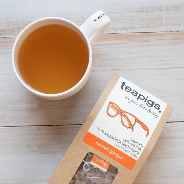 Teapigs Sweet Ginger, 15 Tea Bags, 37.5G, Top View Of Tea Brewing And Box, Available At Teas.co.uk