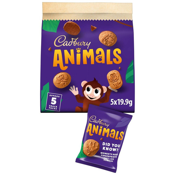 Cadbury Animals Multipack Mini Chocolate Biscuits, 5 Biscuits 99.5g, front of pack, available at teas.co.uk