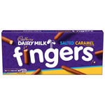 Cadbury Dairy Milk Fingers Salted Caramel Flavour Biscuits, 114g, pack shot 2, available at teas.co.uk