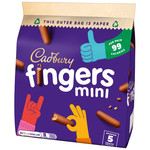 Cadbury Mini Fingers Multipack Chocolate Biscuits, 5 Biscuits 96.5g, pack shot 3, available at teas.co.uk