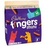 Cadbury Mini Fingers Multipack Chocolate Biscuits, 5 Biscuits 96.5g, pack shot 4, available at teas.co.uk