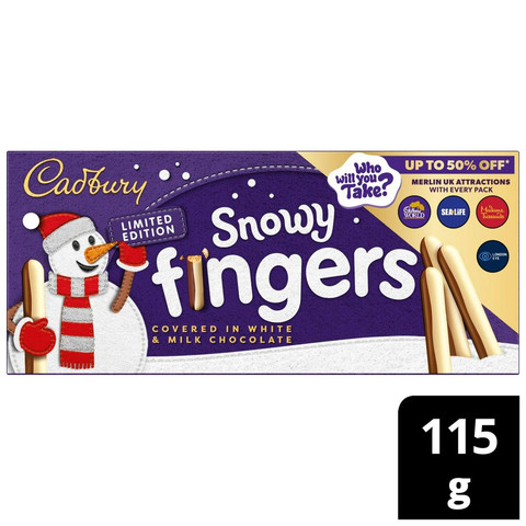 Cadbury Snowy Fingers Milk & White Chocolate Coated Biscuits Tray, Limited Edition, 115g