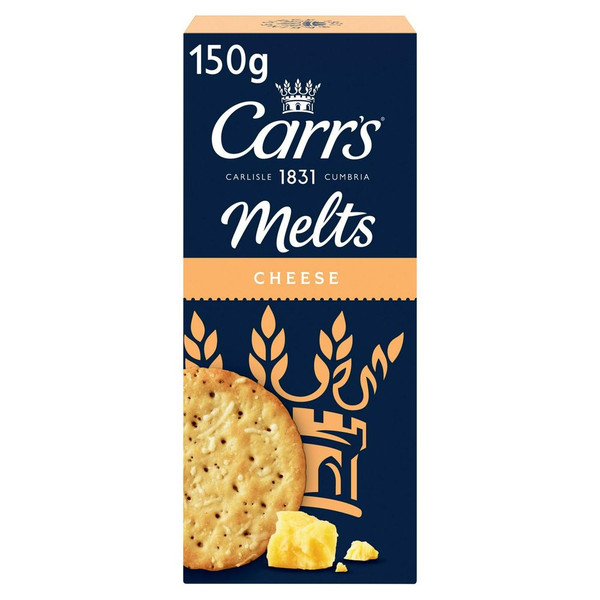 Carr's Melts Cheese Crackers, 150g, front of pack, available at teas.co.uk