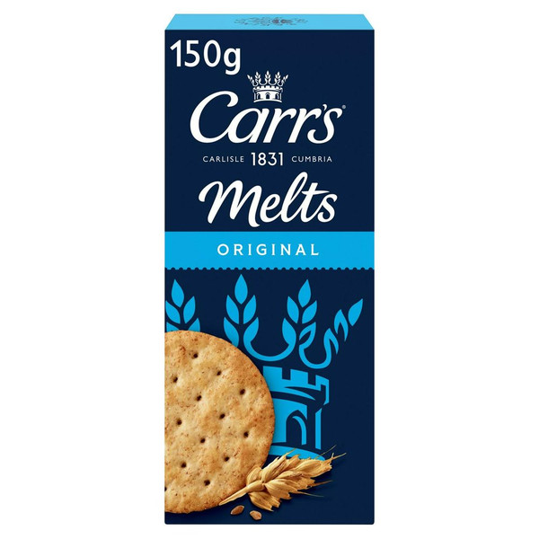 Carr's Melts Original Crackers, 150g, front of pack, available at teas.co.uk
