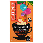 Clipper Fairtrade Restoring Roots Ginger & Turmeric Organic, 20 Tea Bags 36g, pack shot 2, available at teas.co.uk