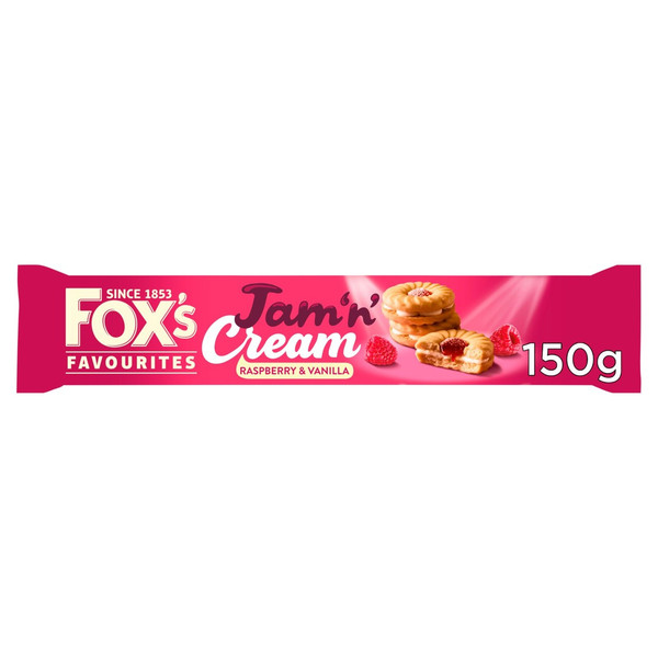 Fox's Biscuits Jam 'n' Cream Raspberry & Vanilla Biscuits, 150g, front of pack, available at teas.co.uk