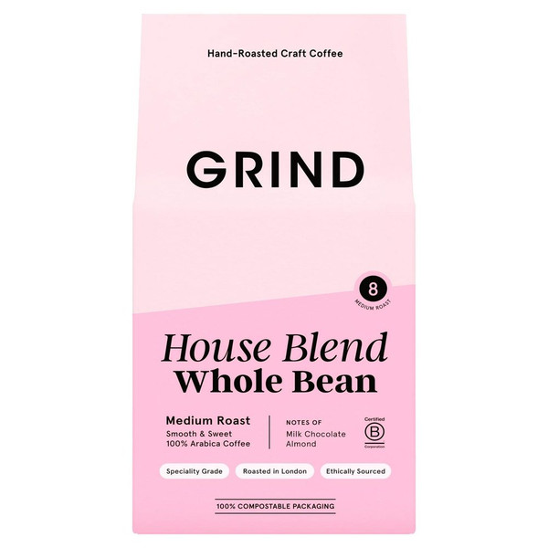 Grind House Blend Whole Bean Coffee, 200g, front of pack, available at teas.co.uk