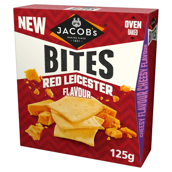 Jacob's Bites Crackers - Red Leicester Flavour, 125g, front of pack, available at teas.co.uk
