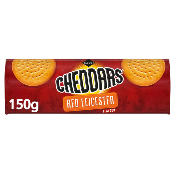 Jacob's Cheddars Cheese Biscuits - Red Leicester Flavour, 150g, front of pack, available at teas.co.uk