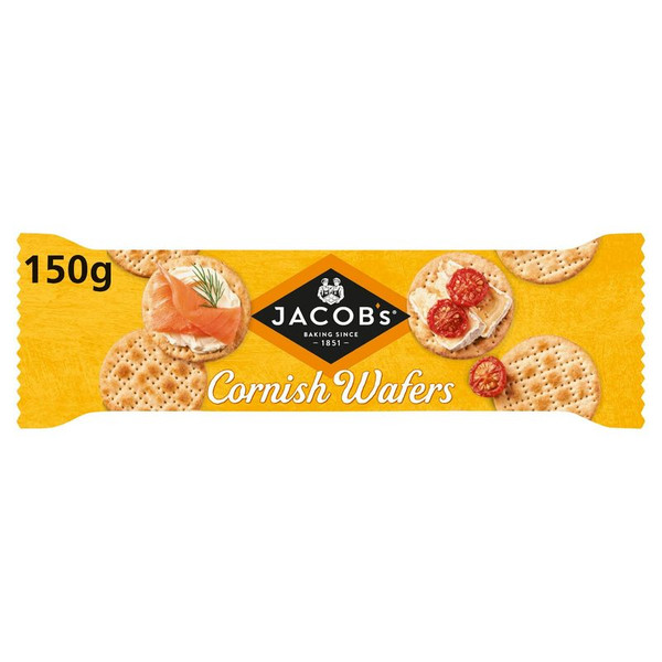 Jacob's Cornish Wafers Crackers, 150g, front of pack, available at teas.co.uk