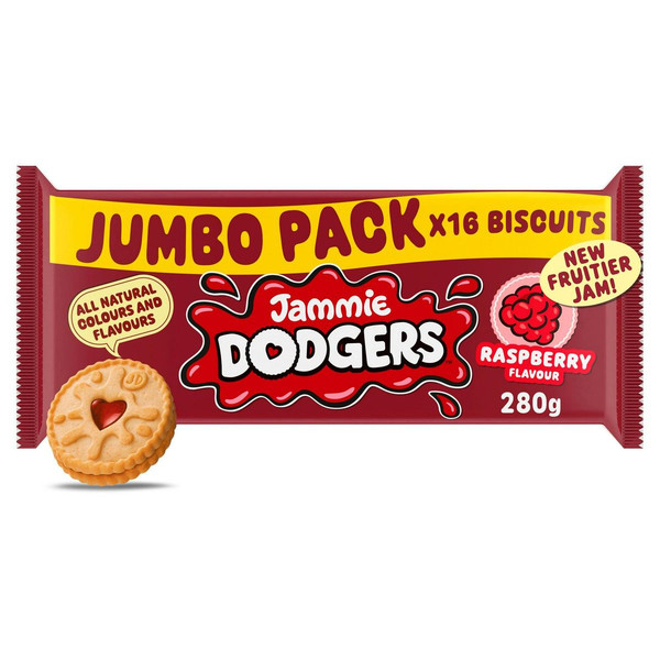 Jammie Dodgers 16 Raspberry Flavour Biscuits Jumbo, 280g, front of pack, available at teas.co.uk