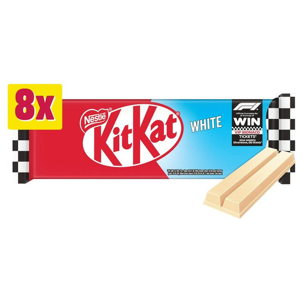 KitKat 2 Finger White Biscuit Bars Multipack, 8 Pack 165.6g, front of pack, available at teas.co.uk
