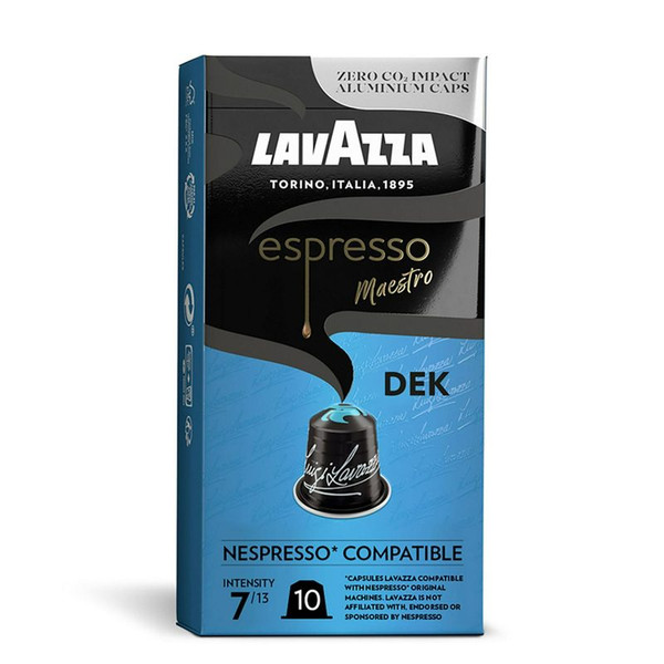 Lavazza Espresso Maestro Decaffeinated Nespresso Compatible, 10 Capsules, front of pack, available at teas.co.uk