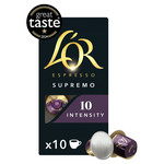 L'Or Nespresso Compatible Espresso Supremo Aluminium Coffee Intensity 10, 10 Capsules, pack shot 2, available at teas.co.uk