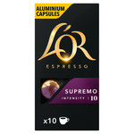 L'Or Nespresso Compatible Espresso Supremo Aluminium Coffee Intensity 10, 10 Capsules, pack shot 4, available at teas.co.uk