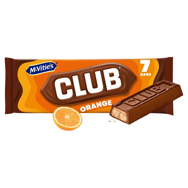 McVitie's Club Orange Biscuit Bars Multipack, 7 Bars 154g, front of pack, available at teas.co.uk