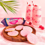 McVitie's Digestive Pink Raspberry & Cream Flavour, Limited Edition, 232g, pack shot 2, available at teas.co.uk