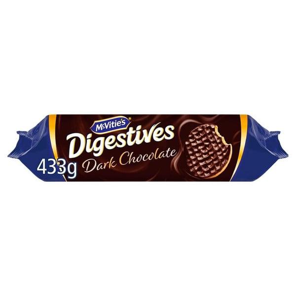 McVitie's Digestives Dark Chocolate Biscuits, 433g, front of pack, available at teas.co.uk