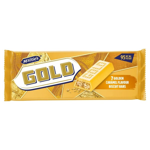 McVitie's Gold Caramel Flavour Biscuit Bars Multipack, 7 Bars 124g, front of pack, available at teas.co.uk