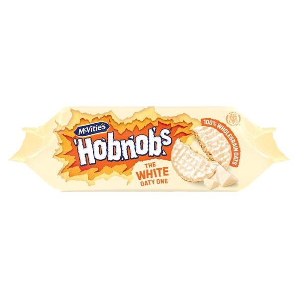 McVitie's Hobnobs White Chocolate Biscuits, 232g, front of pack, available at teas.co.uk