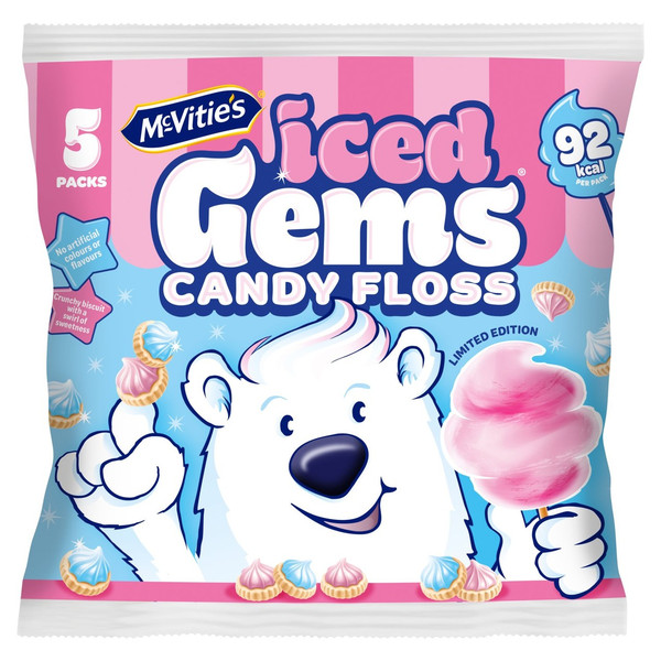 McVitie's Iced Gems Candy Floss Flavour, 5 Pack 115g, front of pack, available at teas.co.uk