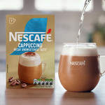 Nescafe Cappuccino Decaf Unsweetened Taste Instant Coffee Sachets, 7 Sachets 105g, pack shot 3, available at teas.co.uk