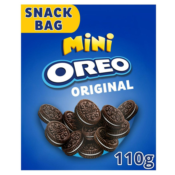 Oreo Crunchy Bites Original Vanilla Biscuits, 110g, front of pack, available at teas.co.uk