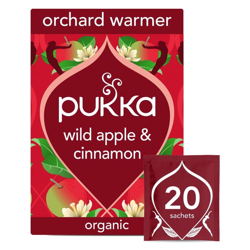 Pukka Organic Wild Apple & Cinnamon Herbal Tea with Ginger and Orange 20, 40g, front of pack, available at teas.co.uk
