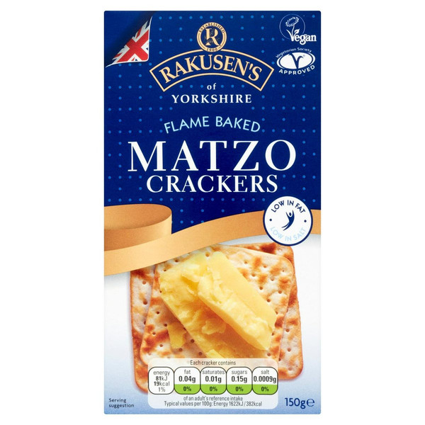 Rakusen's Flame Baked Matzo Crackers, 150g, front of pack, available at teas.co.uk