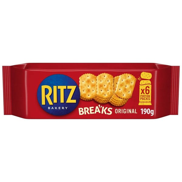 Ritz Breaks Original Crackers Snack Lunchbox Multipack, 6 Pack 190g, front of pack, available at teas.co.uk