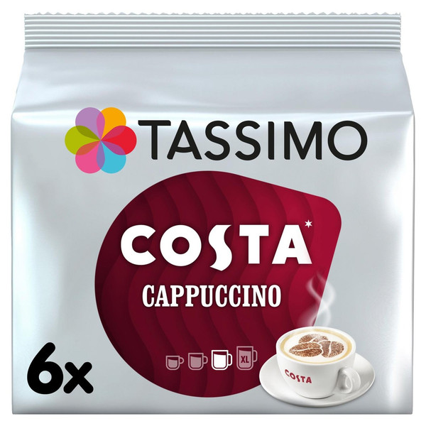 Tassimo Costa Cappuccino Coffee, 6 Pods, front of pack, available at teas.co.uk