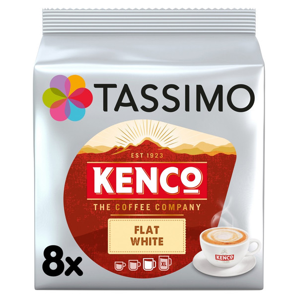 Tassimo Kenco Flat White Coffee, 8 Pods, front of pack, available at teas.co.uk