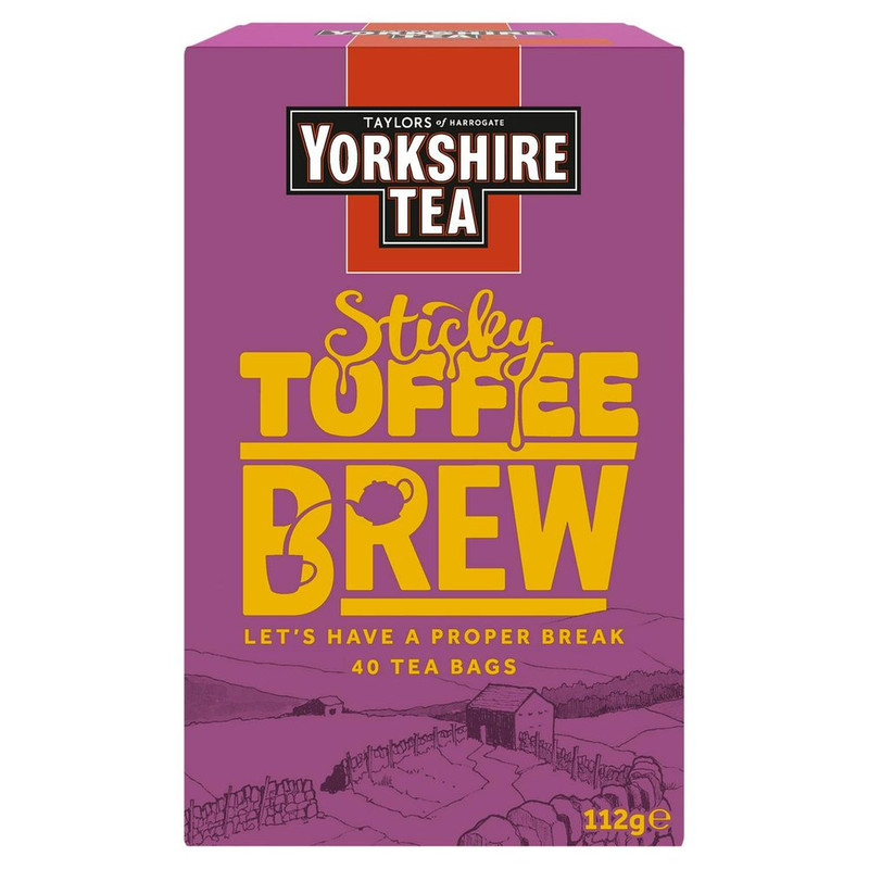 Taylors of Harrogate 40 x Sticky Toffee Brew Yorkshire, 112g, front of pack, available at teas.co.uk