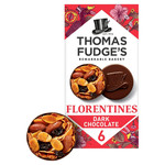 Thomas Fudge's 6 Dark Chocolate Florentines, front of pack, available at teas.co.uk