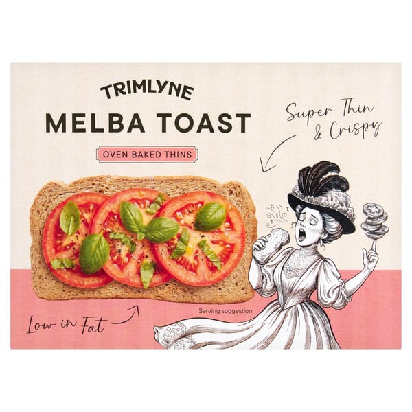 Trimlyne Melba Toast Thins, 100g, front of pack, available at teas.co.uk