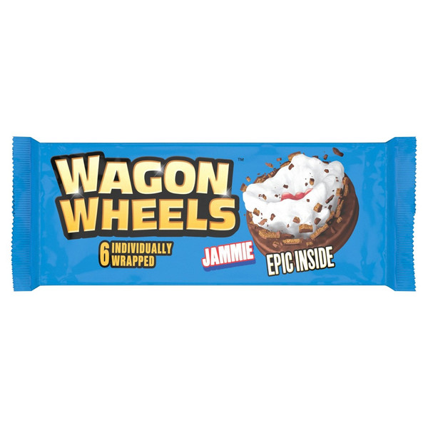Wagon Wheels 6 Jammie Biscuits, front of pack, available at teas.co.uk